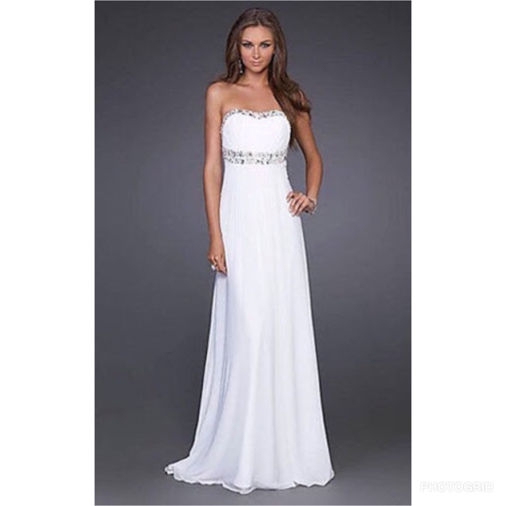 La Femme strapless white prom dress